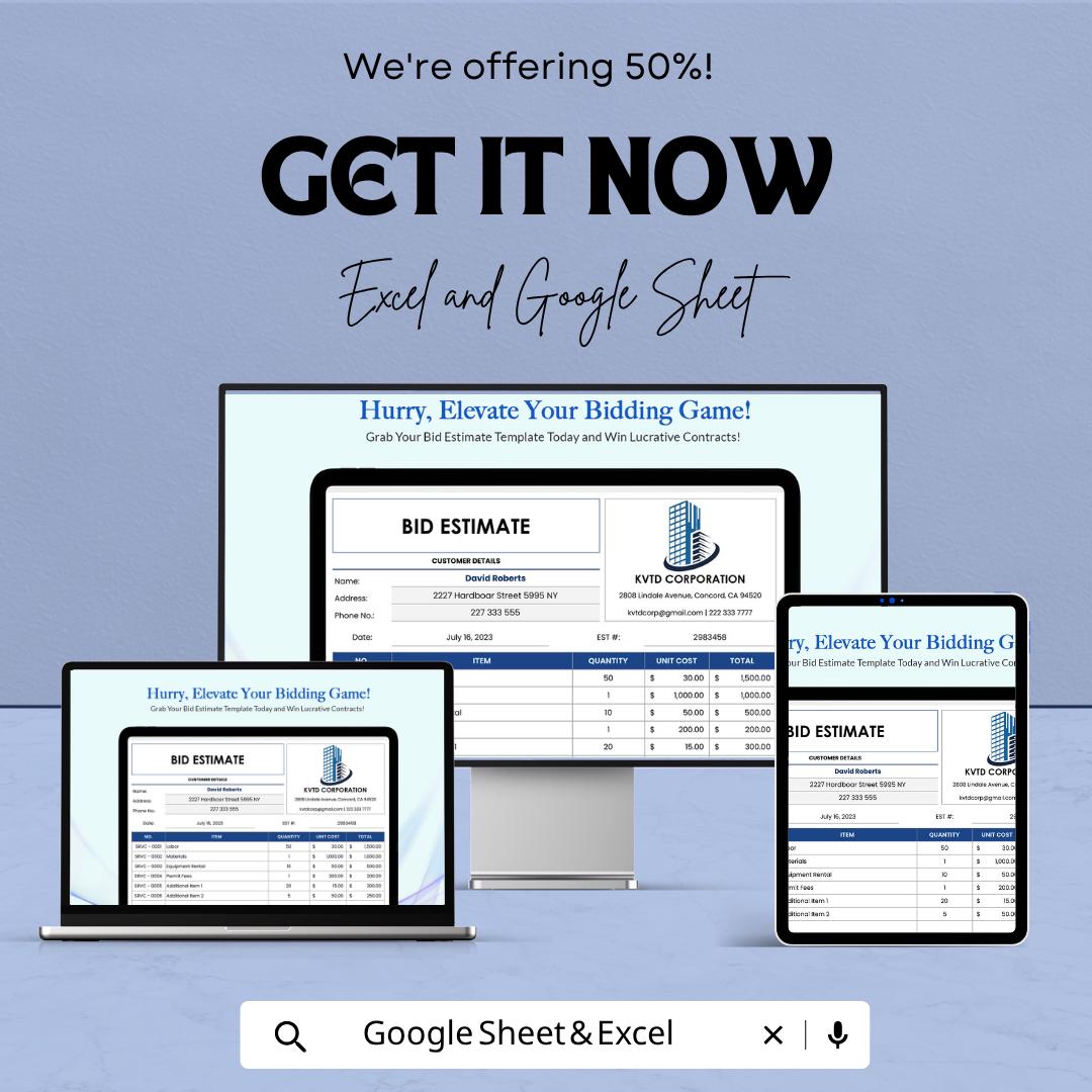 Government Construction Bid Template | Construction Bid Spreadsheet | Contractor Bid Proposal Template | Excel & Google Sheets |