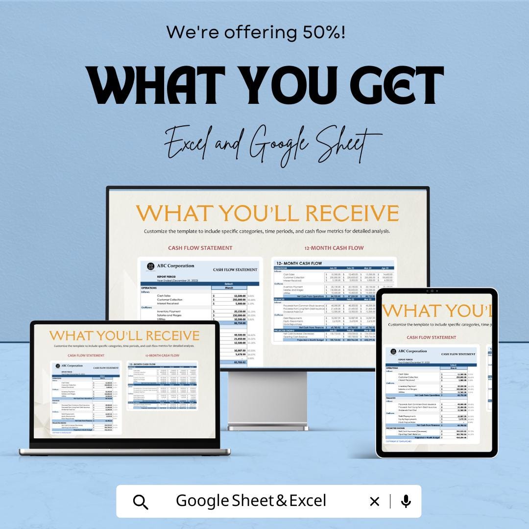 Cash Flow Statement Sheet - Excel and Google Sheet Template for Business Finance Management - Track Income, Expenses & Financial Health