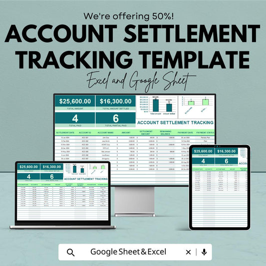 Account Settlement Tracking Template | Payment Tracking Spreadsheet | Settlement Record Log | Account Balance Tracker