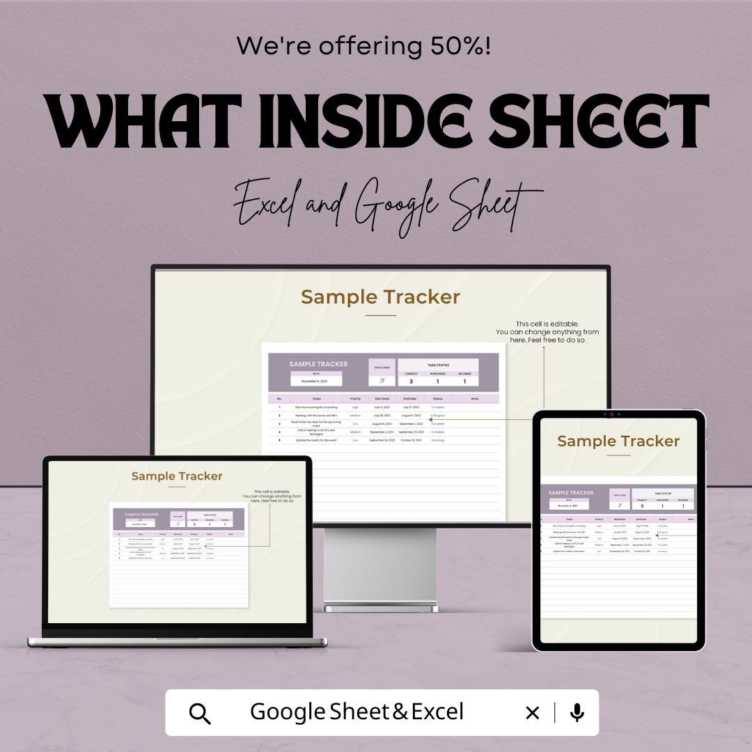 Sample Tracker Sheet - Task Management Template, Track Progress and Deadlines, Excel & Google Sheets, Printable Task Tracker