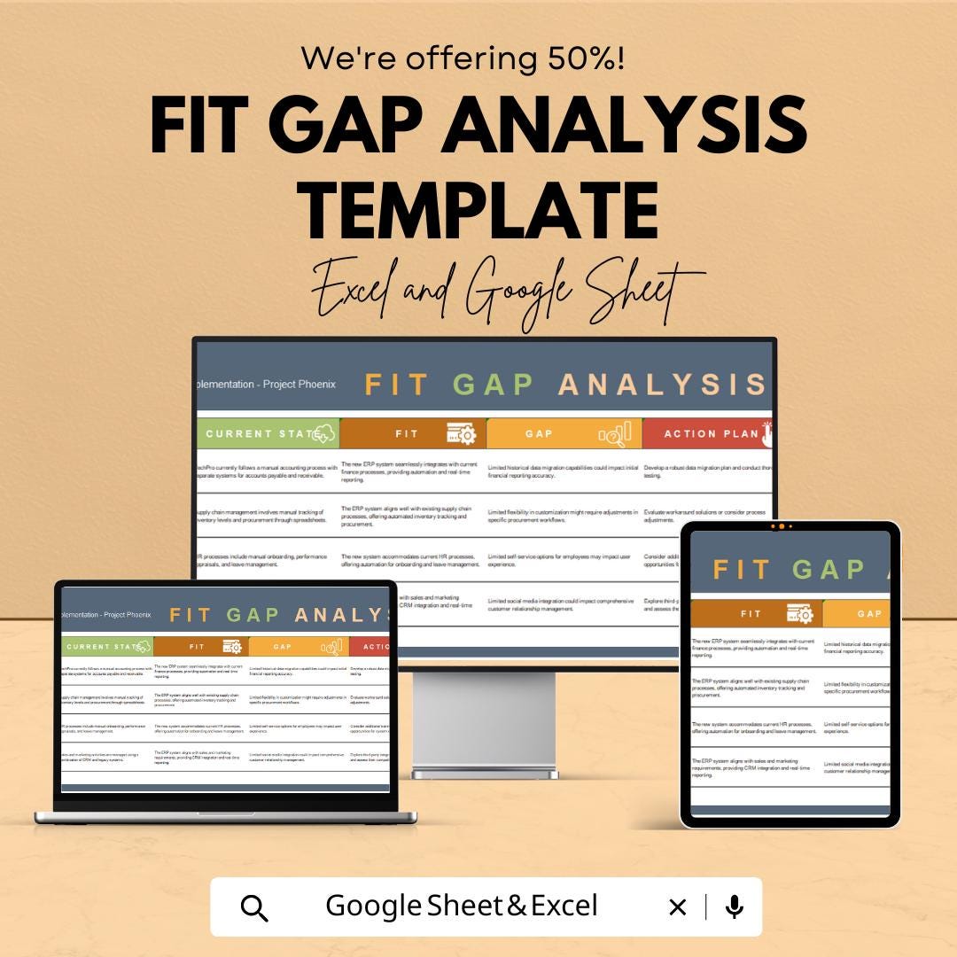 Fit Gap Analysis Template | Excel & Google Sheets | Business Process Gap Assessment Tool | Strategy Planning Spreadsheet