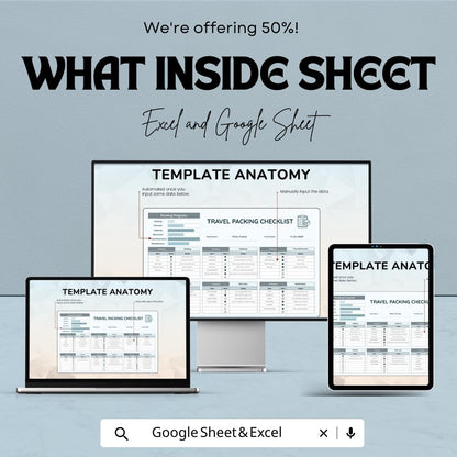 Travel Packing Checklist | Vacation Packing List Template | Excel and Google Sheet | Family, Solo Trip & Holiday Planner