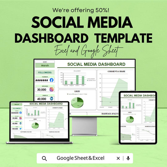 Social Media Dashboard Template | Track Metrics, Hashtags, and Analytics | Google Sheets & Excel | Marketing Insights