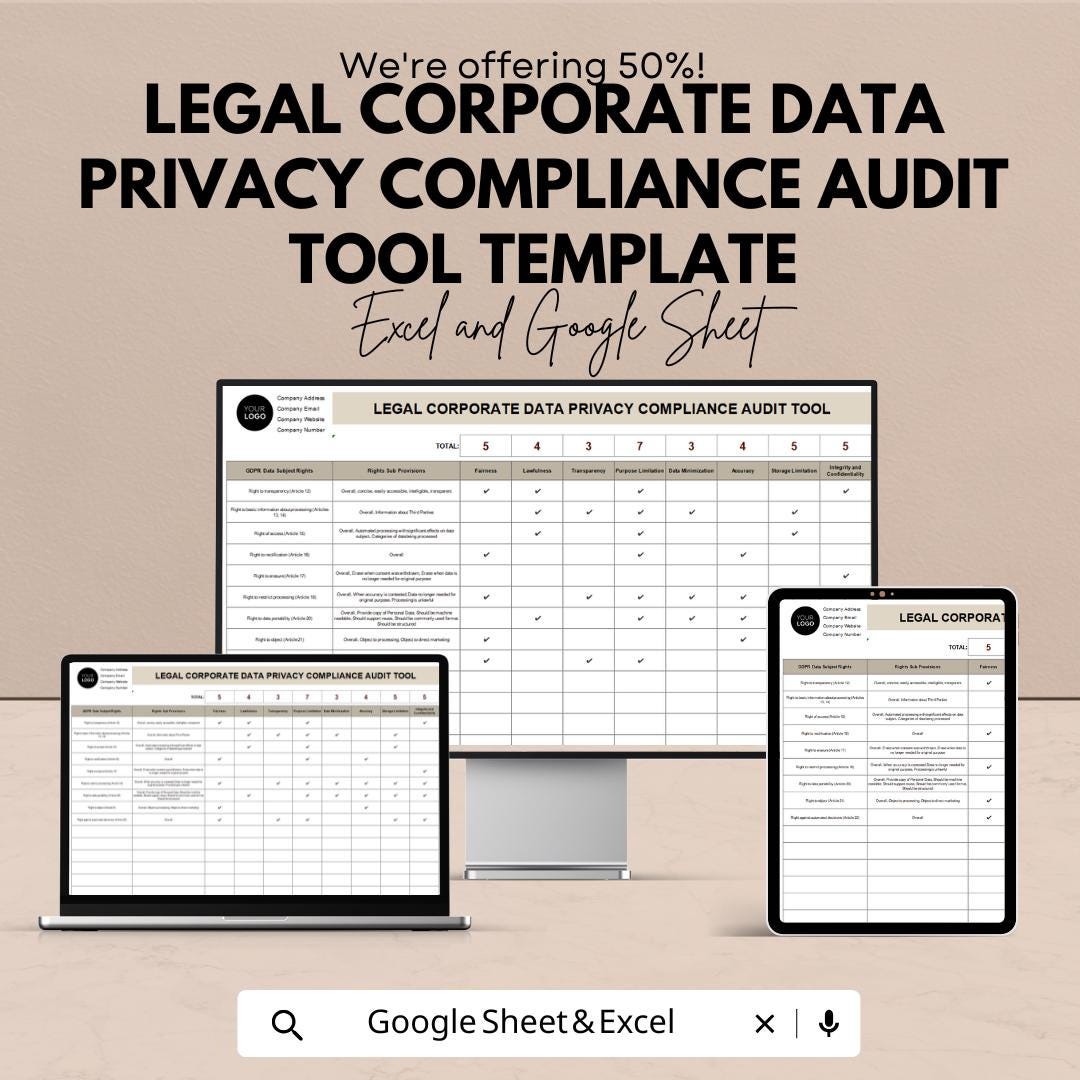 Legal Corporate Data Privacy Compliance Audit Tool Template | GDPR Privacy Audit Checklist | Compliance Tracker Spreadsheet