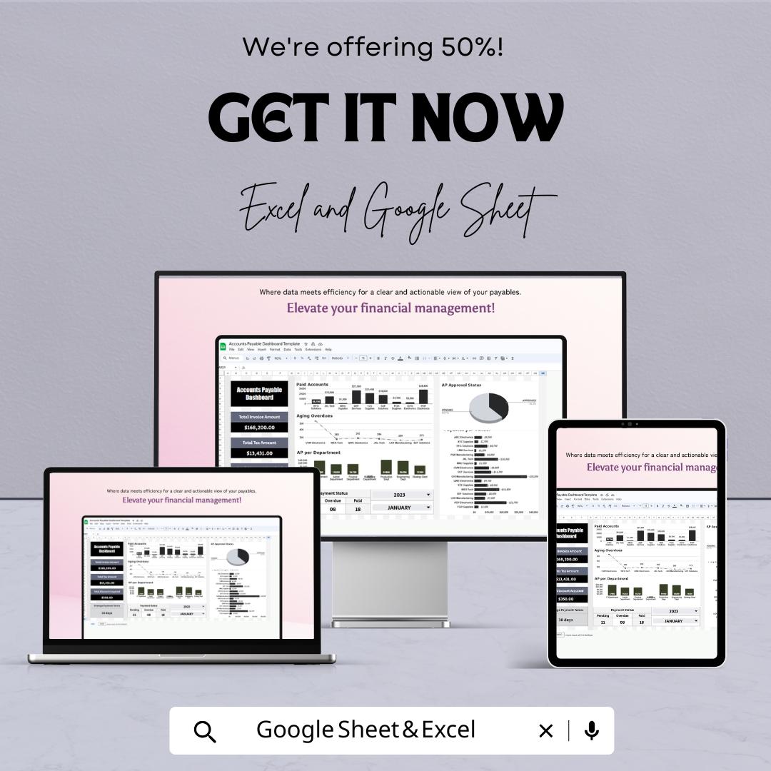 Accounts Payable Dashboard Template | Excel and Google Sheets | Financial Management | Invoice Tracking | Payment Status Report |