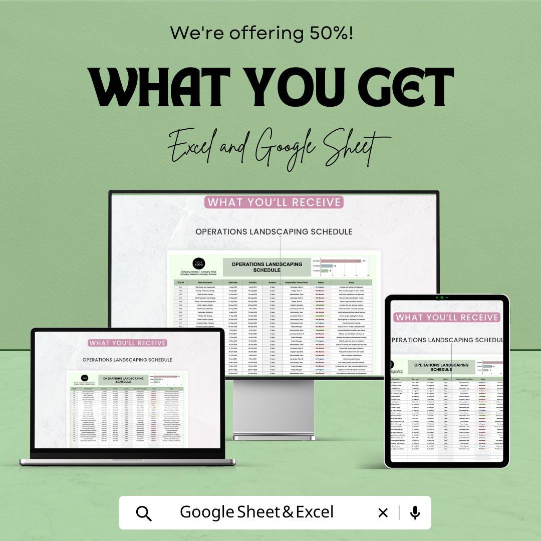 Landscaping Schedule Template, Operations Landscaping Planner, Lawn Care Task Tracker, Maintenance Schedule, Excel Google Sheets