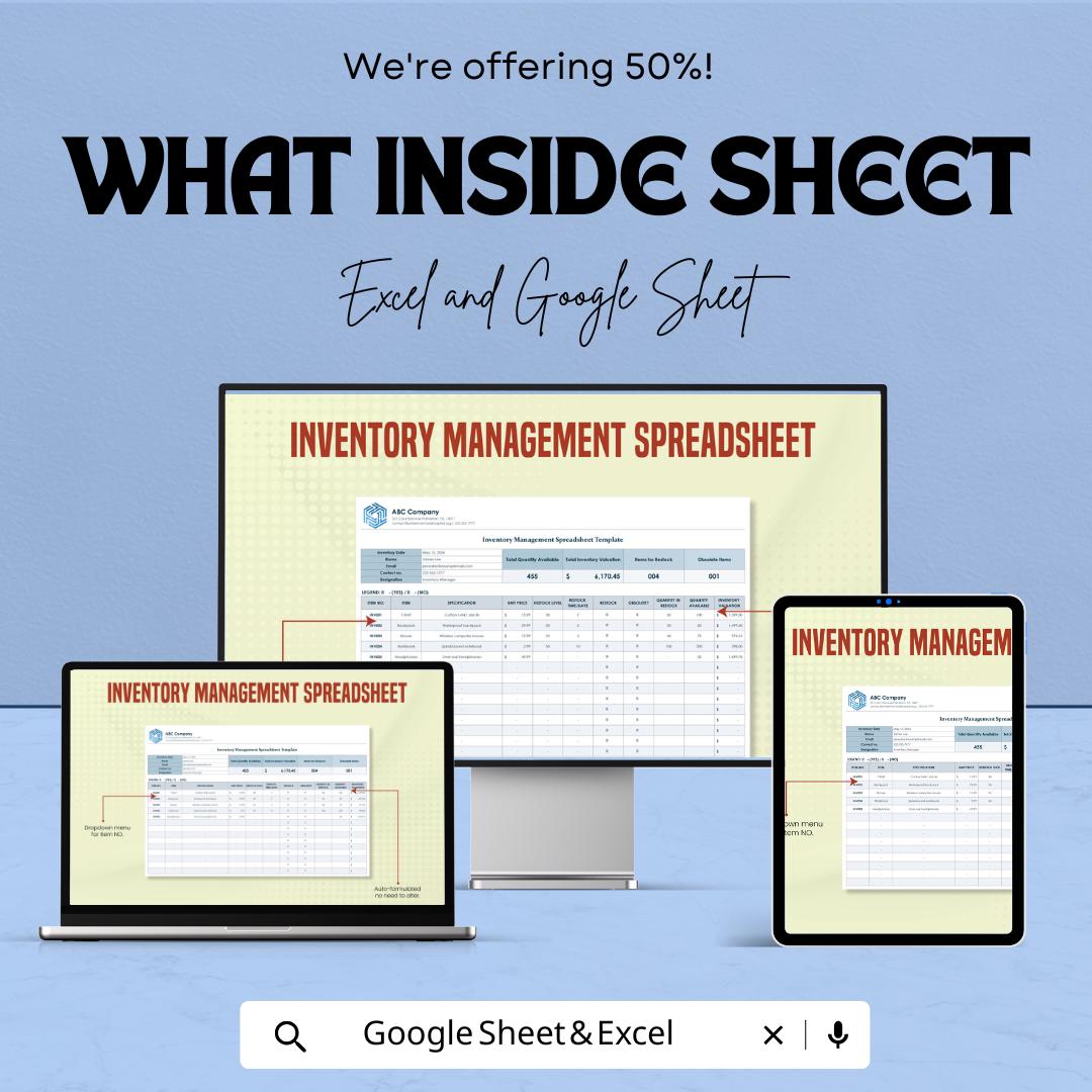 Inventory Management Spreadsheet | Excel and Google Sheets Template for Stock Tracking | Business & Product Inventory | Easy-to-Use |