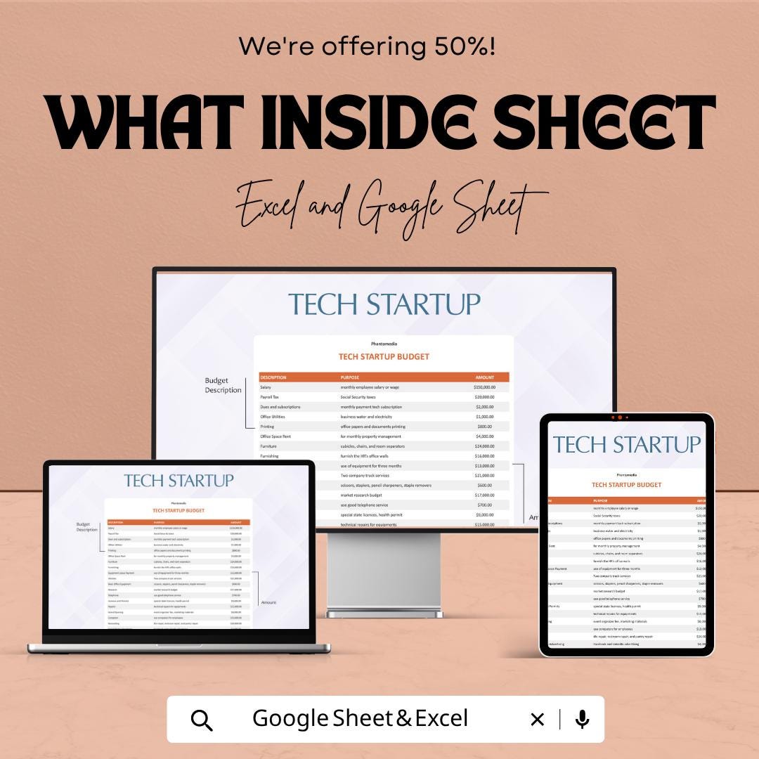 Tech Startup Budget Template | Startup Budget Spreadsheet | SaaS Financial Planning Sheet | Excel & Google Sheets | Expense Tracker Template