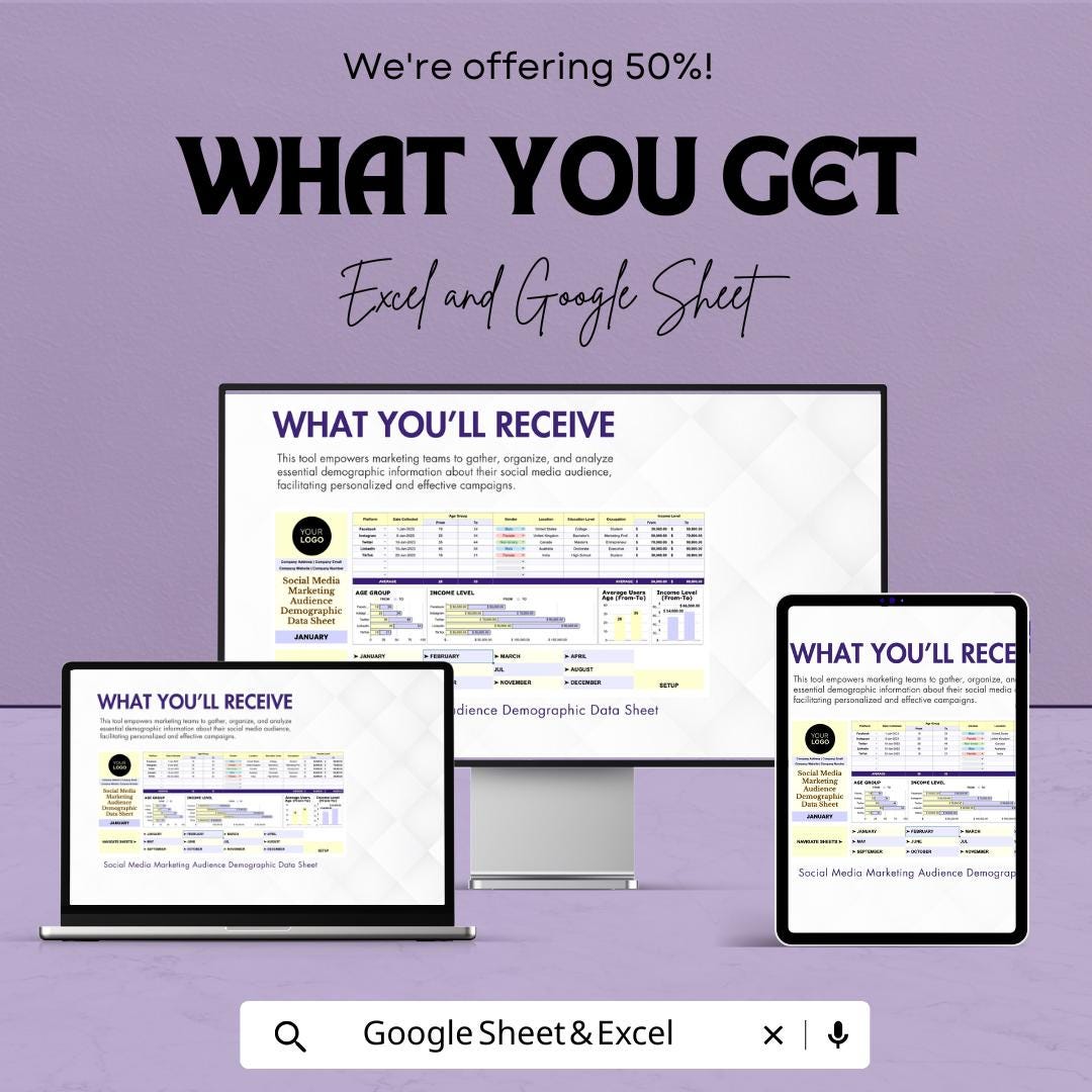 Social Media Marketing Audience Demographic Data Sheet Template | Analytics Tracker | Demographic Report Spreadsheet | Google Sheets |