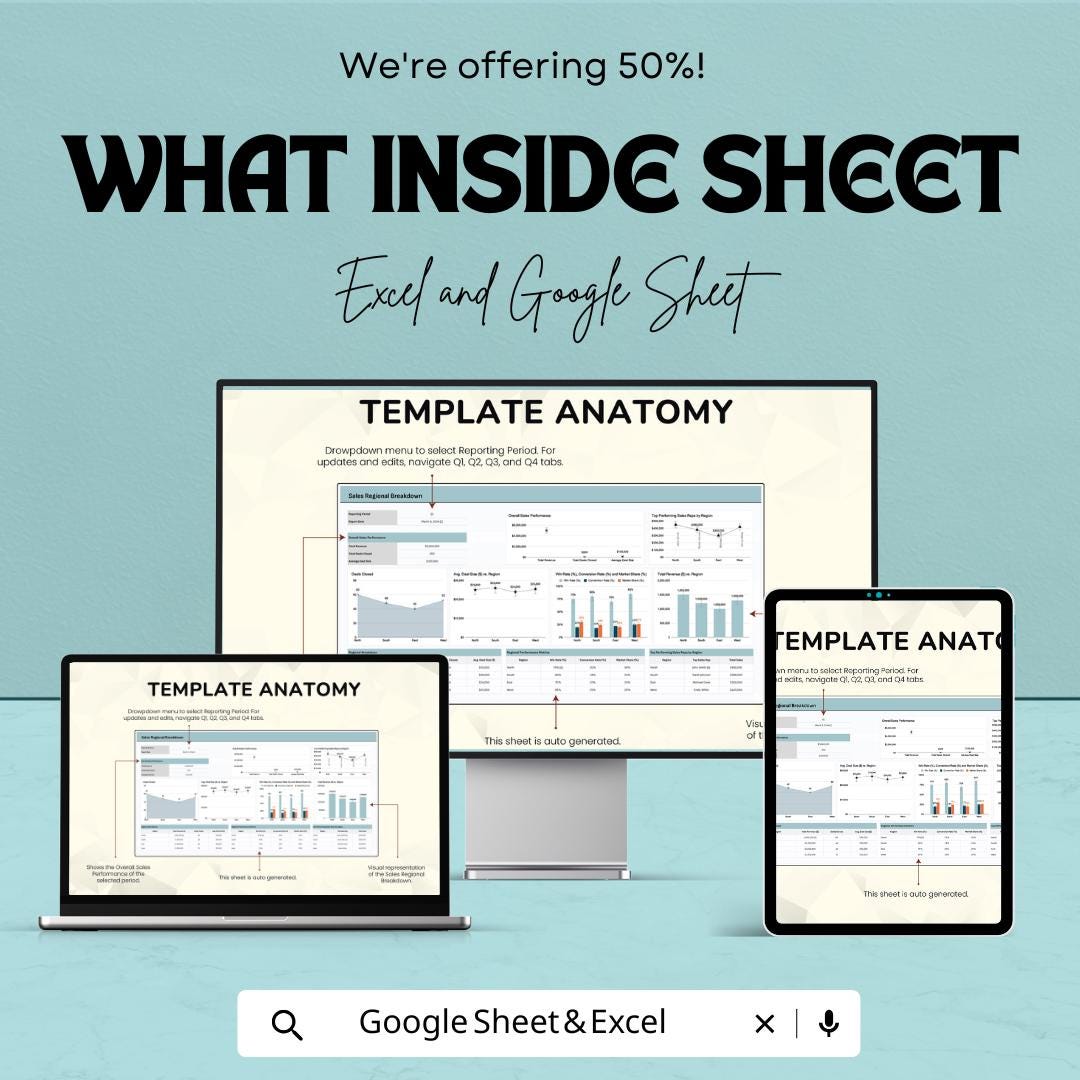 Sales Regional Breakdown Template | Excel & Google Sheet Dashboard | Regional Sales Report | Sales Analysis Template | KPI Tracker |
