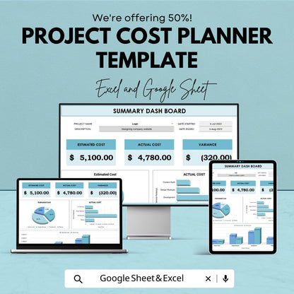 Project Cost Planner Template,  Budget Tracker, Project Expense Planner, Cost Management Spreadsheet, Business Budget Template