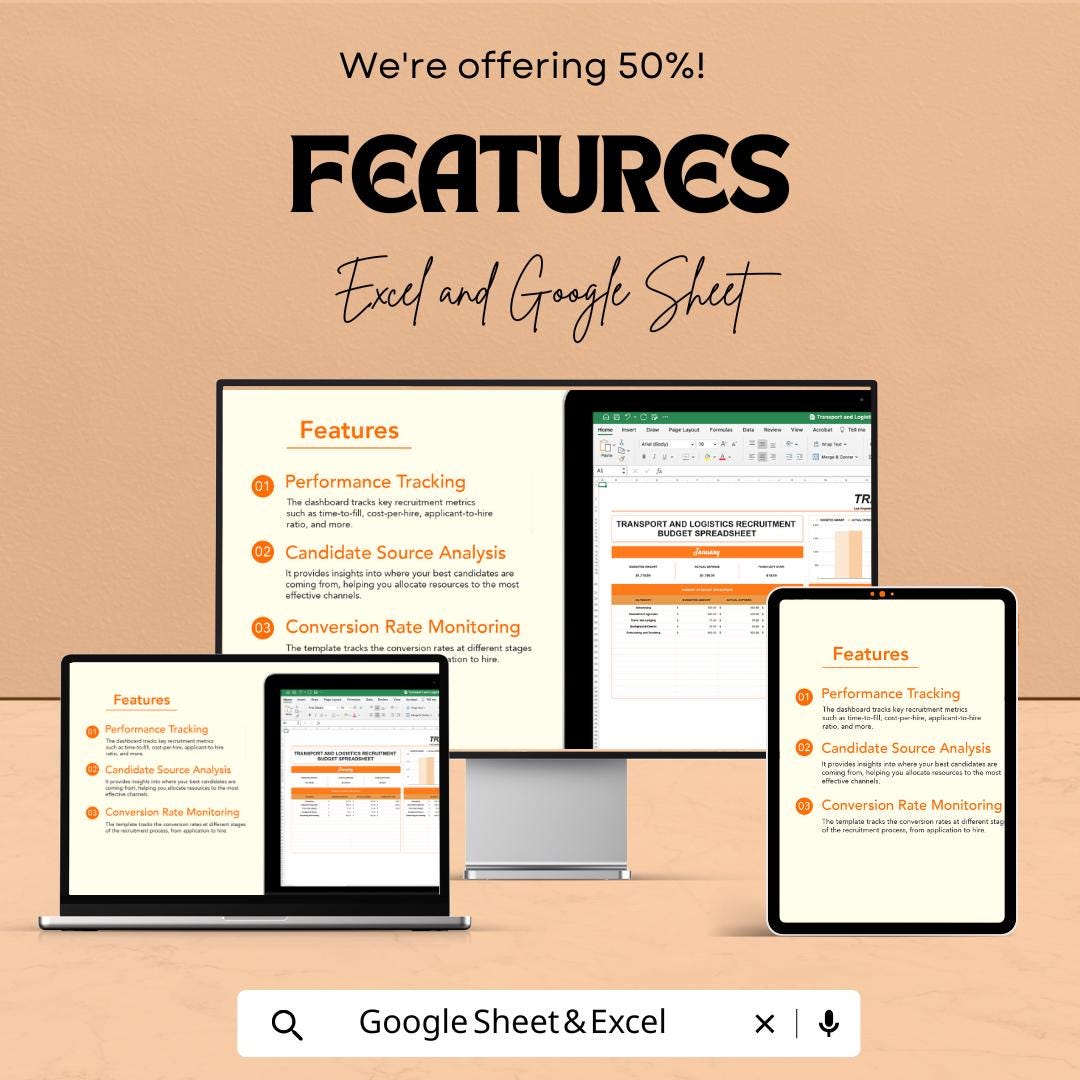 Transport and Logistics Recruitment Budget Spreadsheet Template | Hiring Cost Tracker | Excel & Google Sheets Budget Planner