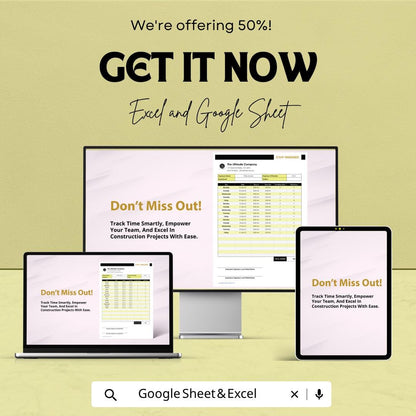 Construction Staff Timesheet Template Excel Google Sheets | Employee Time Tracker | Payroll Spreadsheet | Workforce Management Sheet |