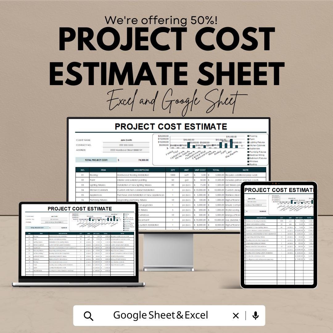 Project Cost Estimate Sheet | Excel and Google Sheets | Editable Budget & Expense Estimator | Client Cost Breakdown Template