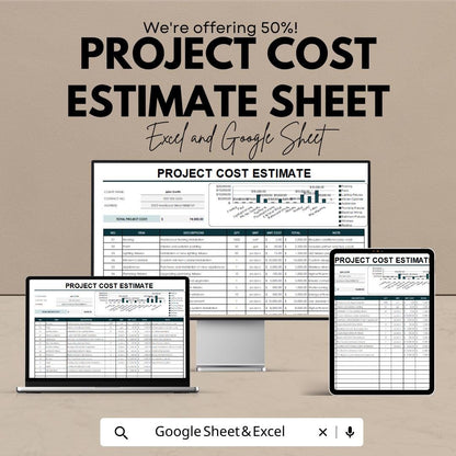 Project Cost Estimate Sheet | Excel and Google Sheets | Editable Budget & Expense Estimator | Client Cost Breakdown Template