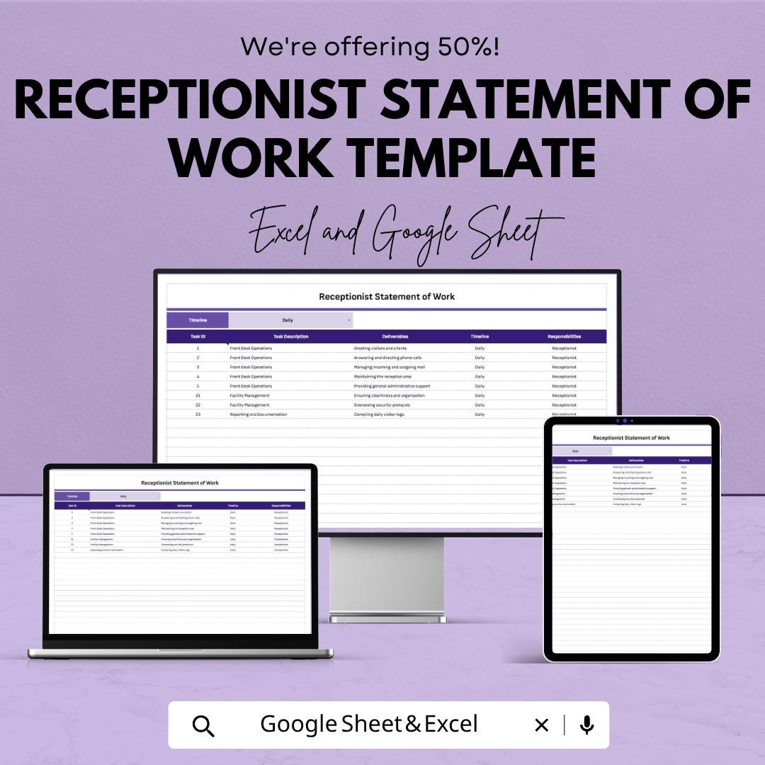 Receptionist Statement of Work Template | Admin Task Tracker Spreadsheet | Office Workflow Planner Template | Daily Task Management Sheet