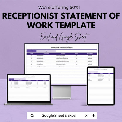 Receptionist Statement of Work Template | Admin Task Tracker Spreadsheet | Office Workflow Planner Template | Daily Task Management Sheet