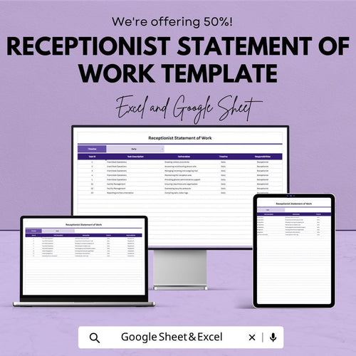 Receptionist Statement of Work Template | Admin Task Tracker Spreadsheet | Office Workflow Planner Template | Daily Task Management Sheet