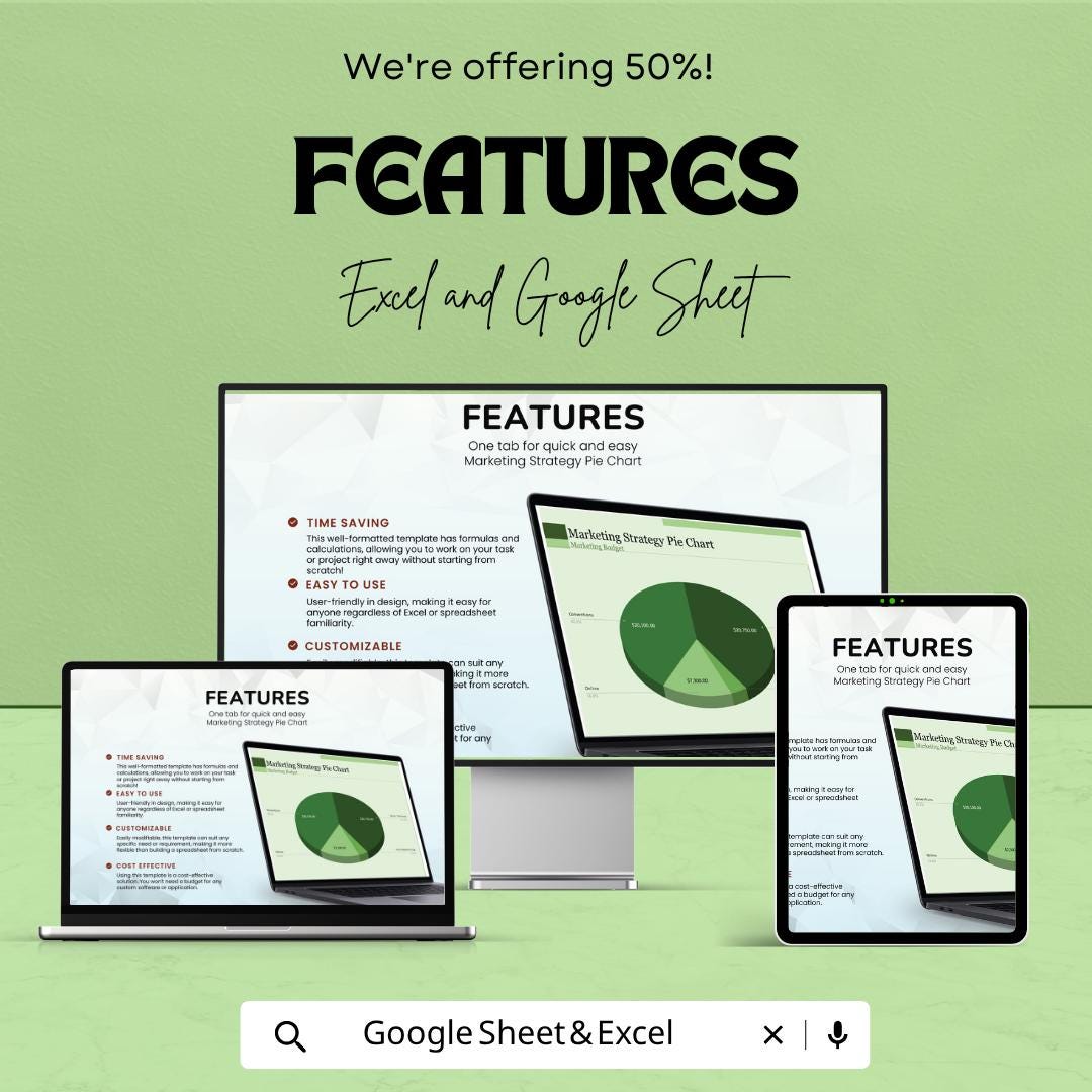 Marketing Strategy Pie Chart Template | Marketing Analytics Spreadsheet | Business Strategy Dashboard | Excel & Google Sheets |