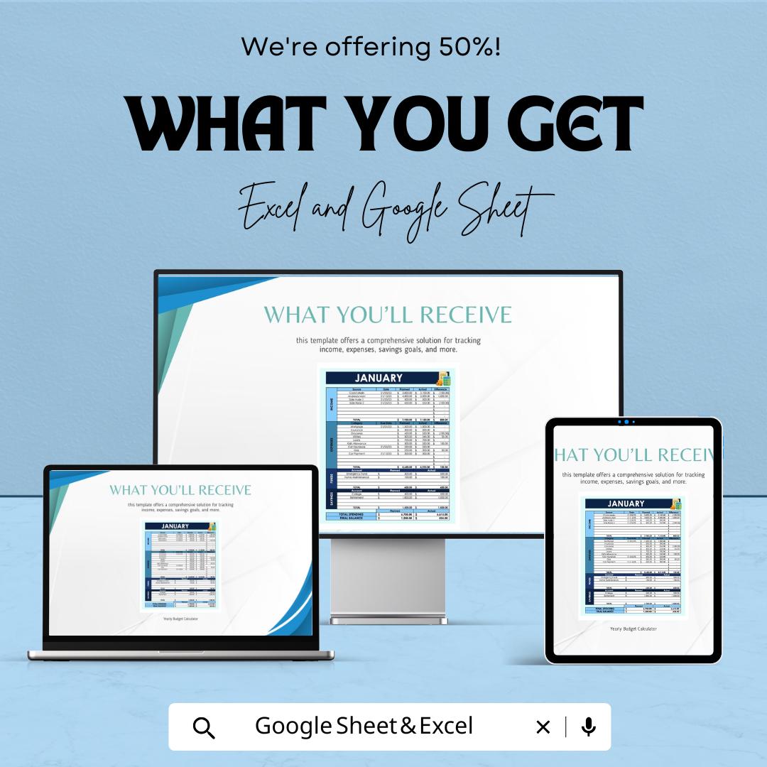 Yearly Budget Calculator Sheet | Excel & Google Sheets | Income, Expenses, Savings Tracking | Financial Planning Template