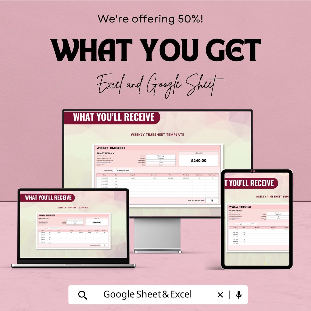Weekly Timesheet Template – Excel & Google Sheets, 50% OFF – Track Employee Hours, Work Schedule, Time Management Tool,