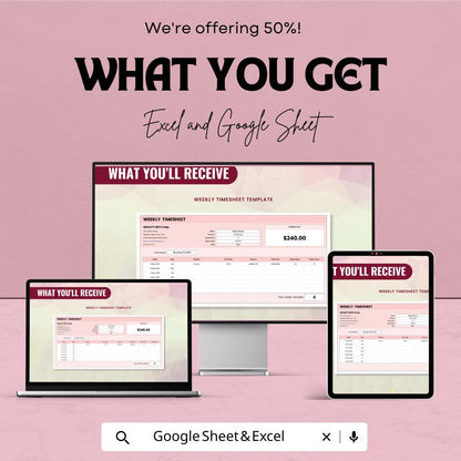 Weekly Timesheet Template – Excel & Google Sheets, 50% OFF – Track Employee Hours, Work Schedule, Time Management Tool,