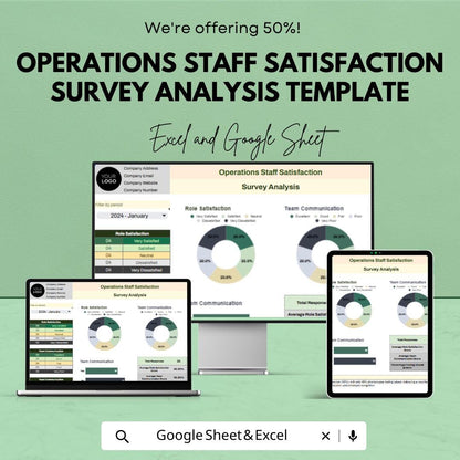 Operations Staff Satisfaction Survey Analysis Template | Employee Feedback Dashboard | Excel & Google Sheets HR Tool