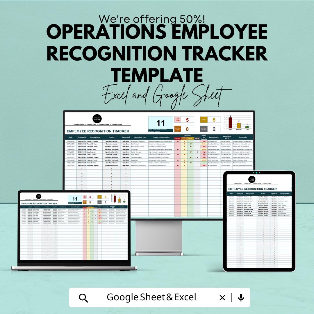 Employee Recognition Tracker Template | Operations Performance Log | Staff Appreciation Tracker | Excel & Google Sheets