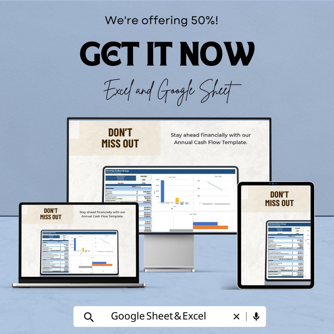 Annual Cash Flow Template | Business Cash Flow Statement | Financial Planning Spreadsheet | Excel and Google Sheets Cashflow Tracker