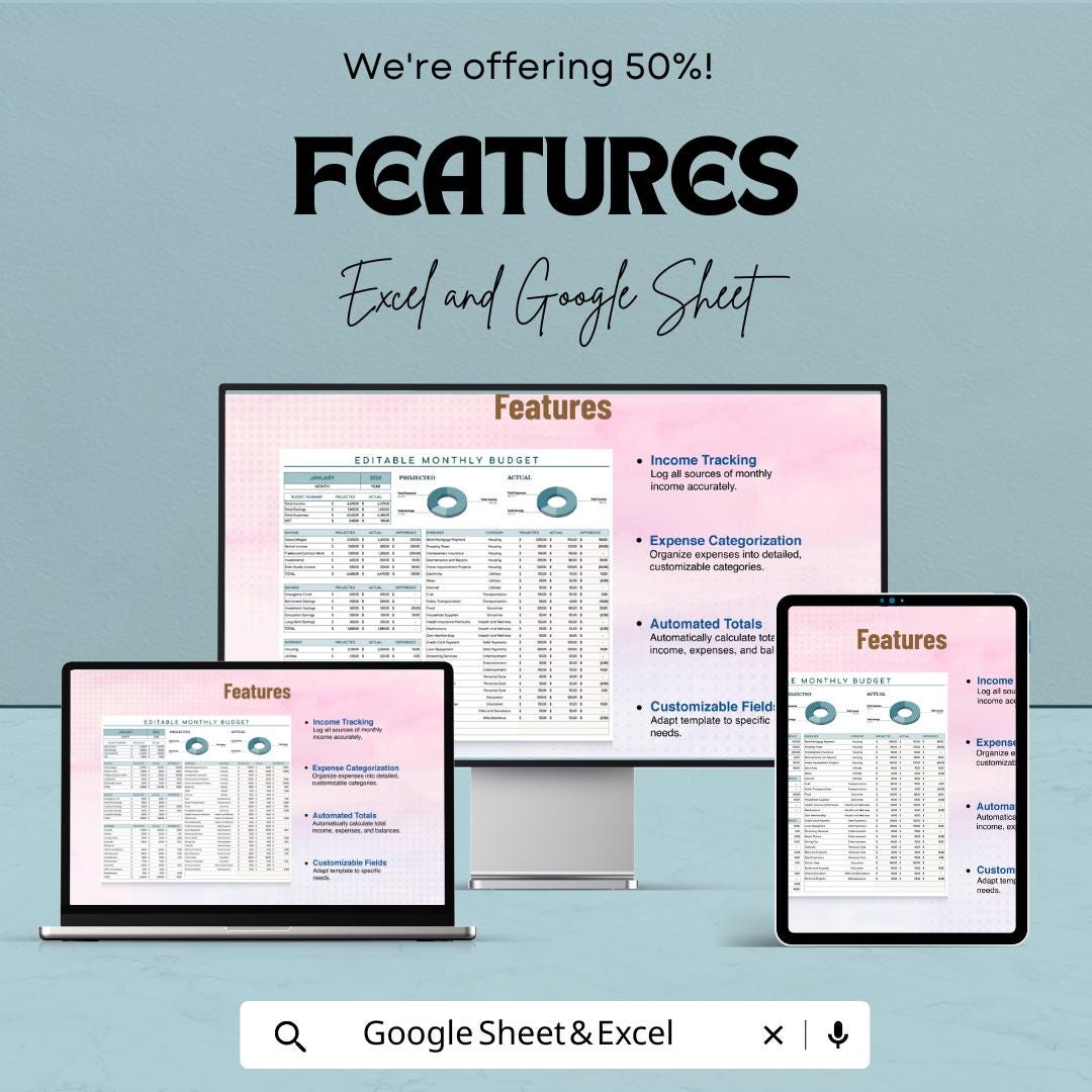 Editable Monthly Budget Template | Excel & Google Sheets Budget Planner | Income Expense Tracker | Personal Finance Spreadsheet