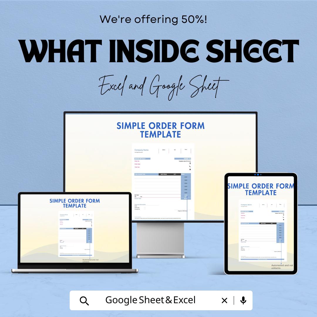 Simple Order Form Sheet | Excel & Google Sheets Template | Customizable for Small Business Orders | Instant Download