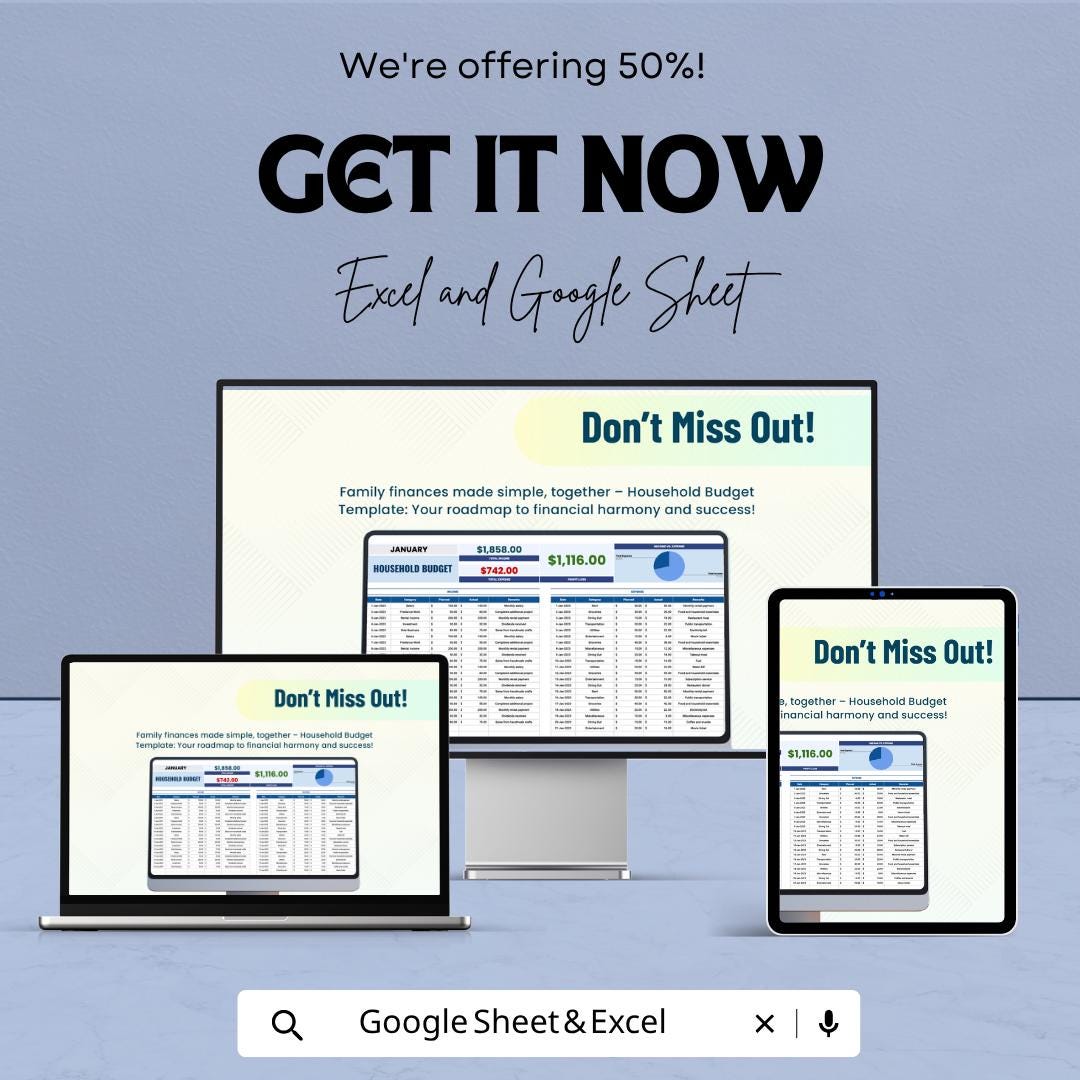 Household Budget Template Excel Google Sheets | Monthly Family Budget Planner | Expense Tracker Spreadsheet | Bill Organizer