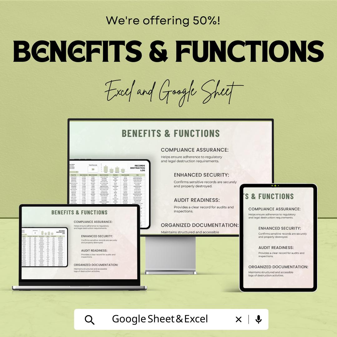 Administration Records Destruction Log Template,  Document Disposal Tracker, Compliance Log, Record Destruction Spreadsheet
