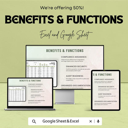 Administration Records Destruction Log Template,  Document Disposal Tracker, Compliance Log, Record Destruction Spreadsheet