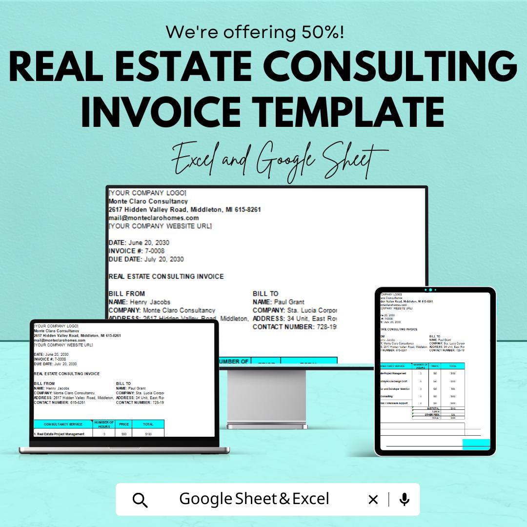 Real Estate Consulting Invoice Template | Realtor Invoice | Property Consulting Billing Form | Editable Business Invoice