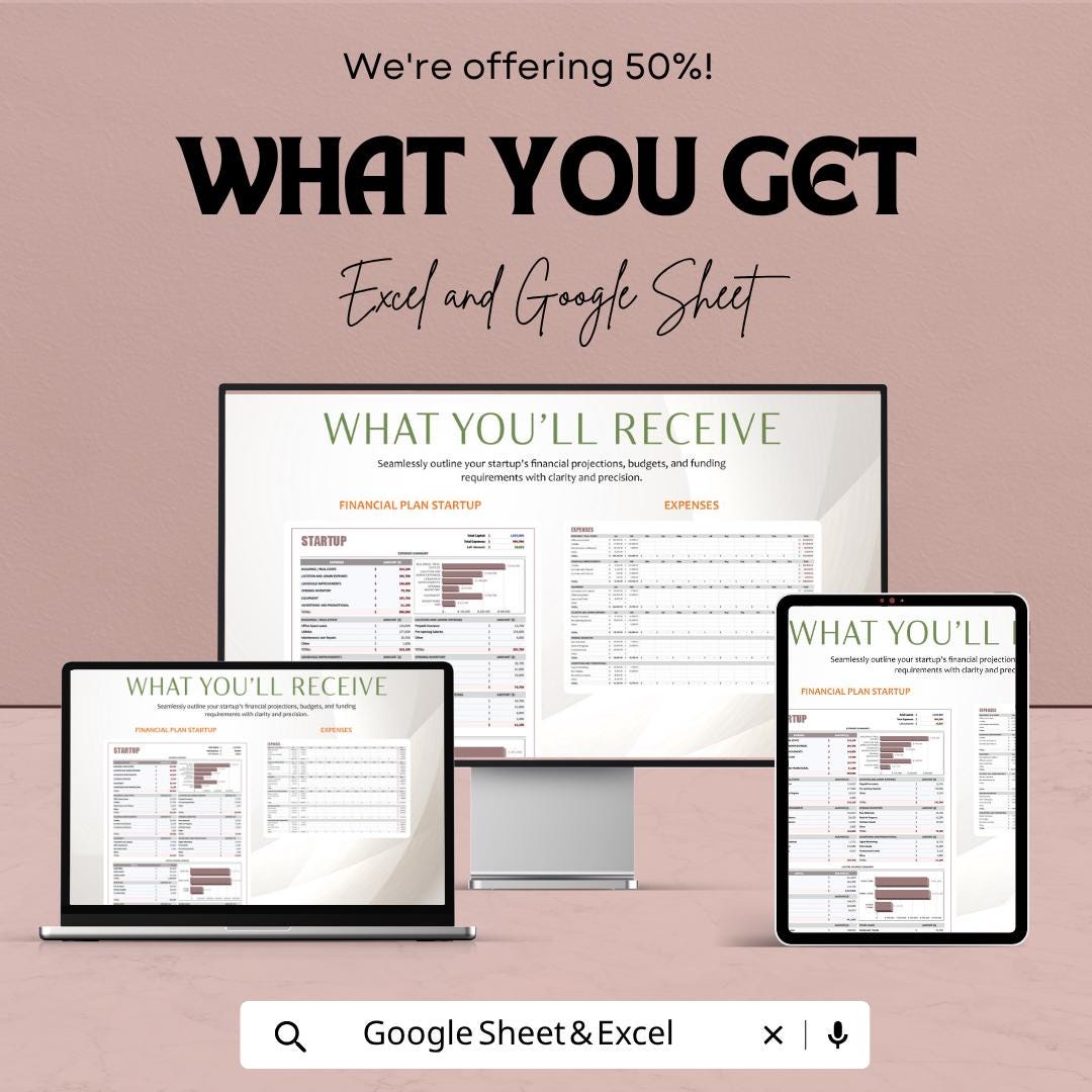 Financial Plan Startup Template | Startup Financial Spreadsheet | Business Budget Planner | Excel & Google Sheets | Startup Cost Planning