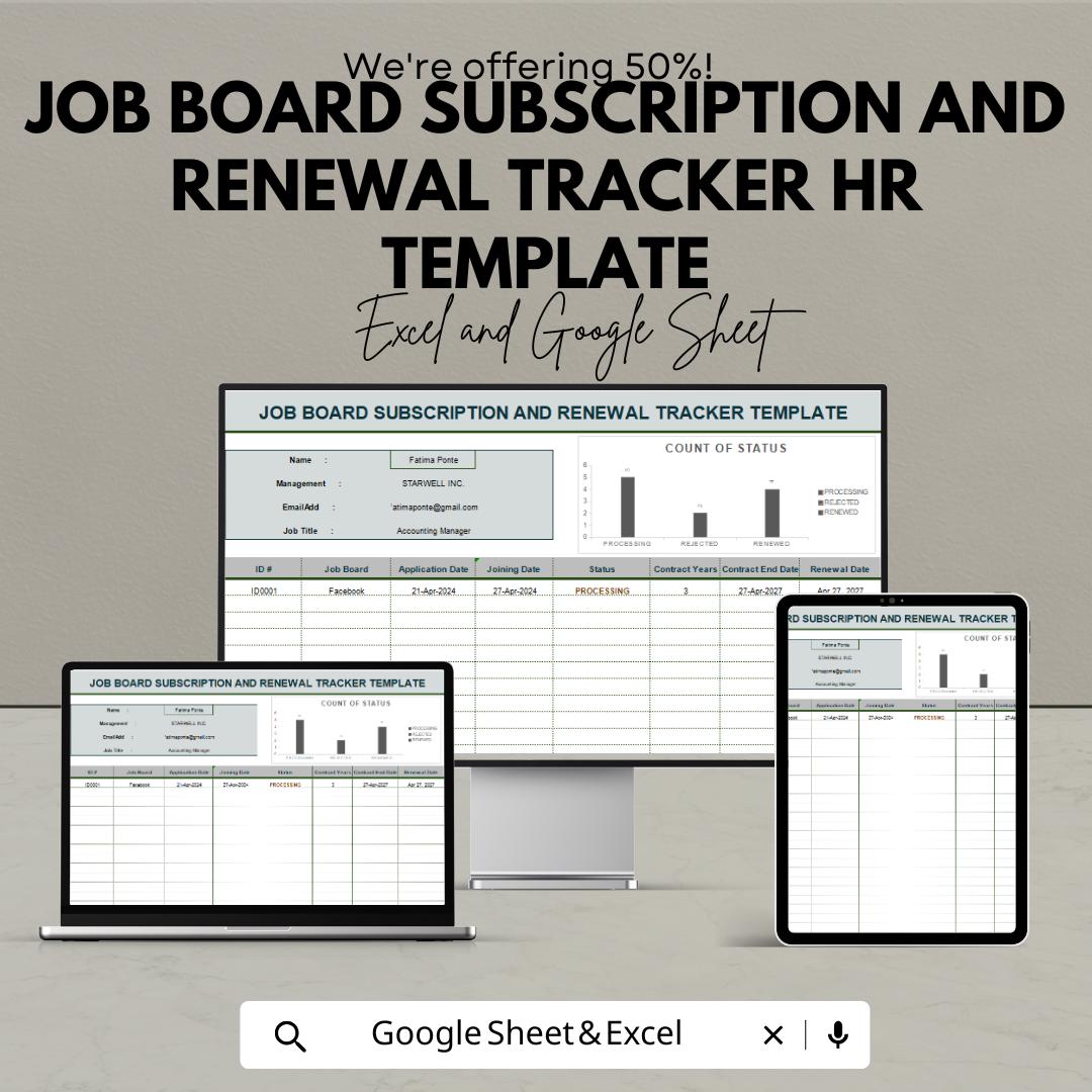 Job Board Subscription and Renewal Tracker HR Template | Excel & Google Sheets | Recruitment Management Spreadsheet