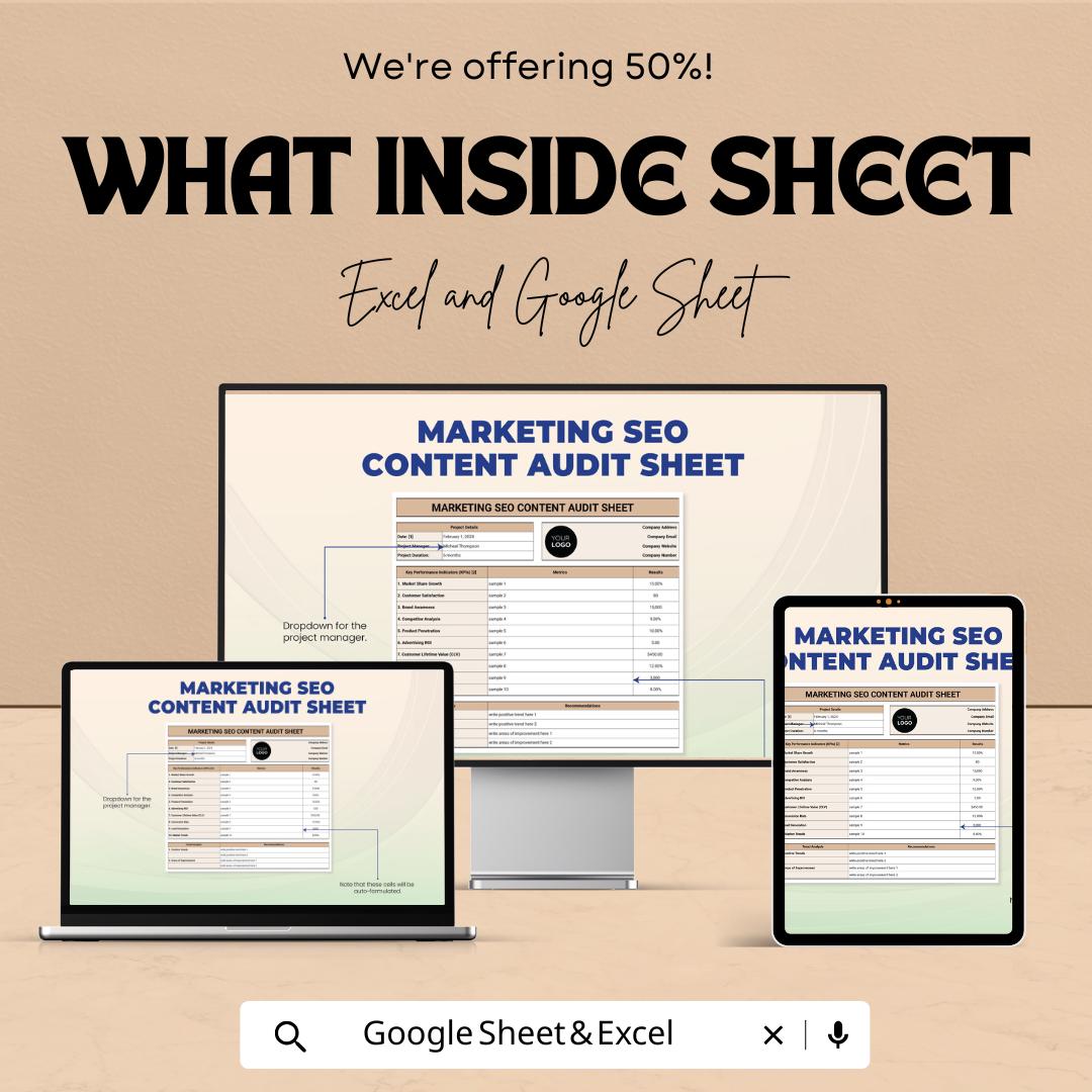 Marketing SEO Content Audit Sheet Template | SEO Audit Tracker | Google Sheets & Excel Template | Website Content Planner | Marketing KPI