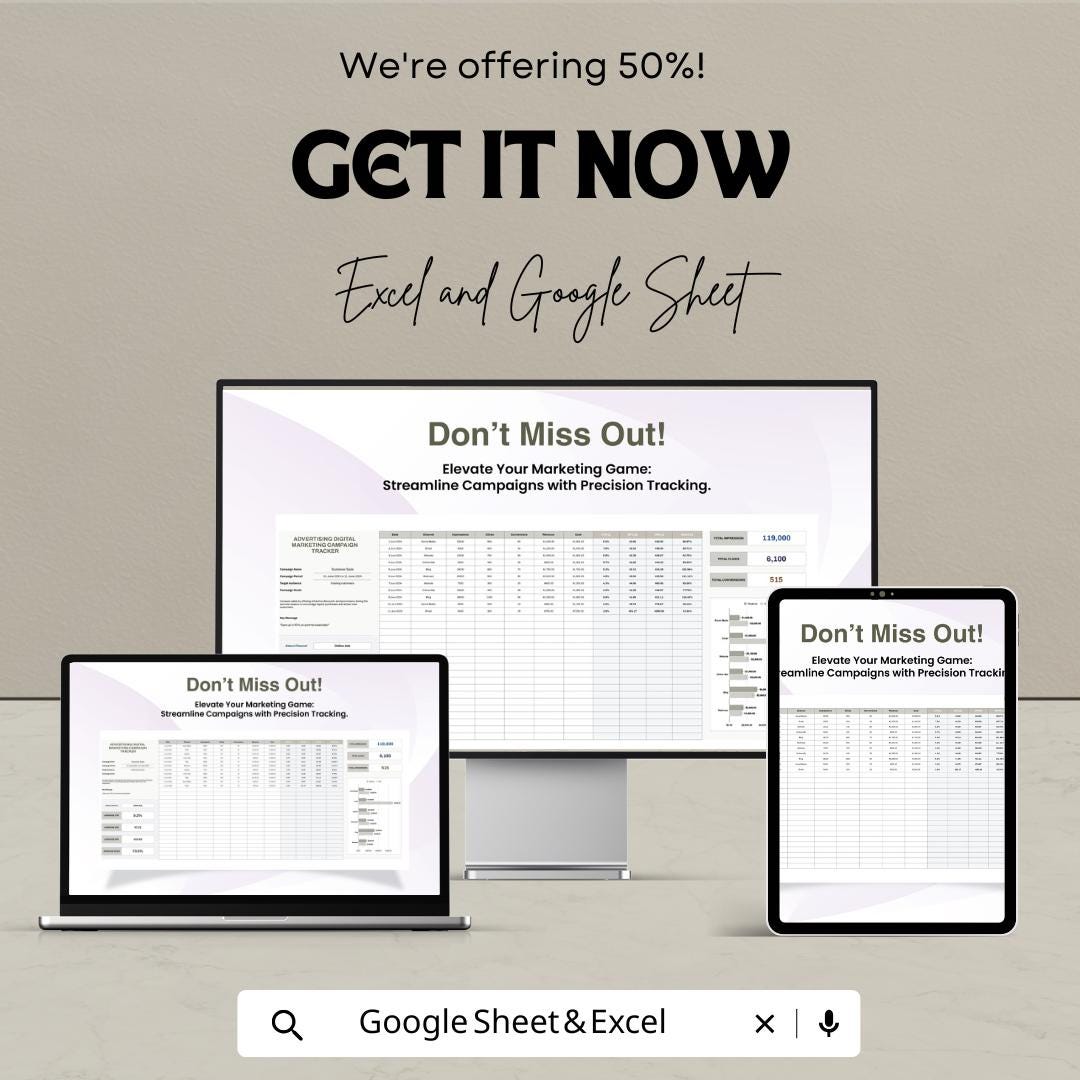 Advertising Digital Marketing Campaign Tracker Template | Ad Performance Tracker | Marketing Metrics Log | CPC CTR CPA Tracker