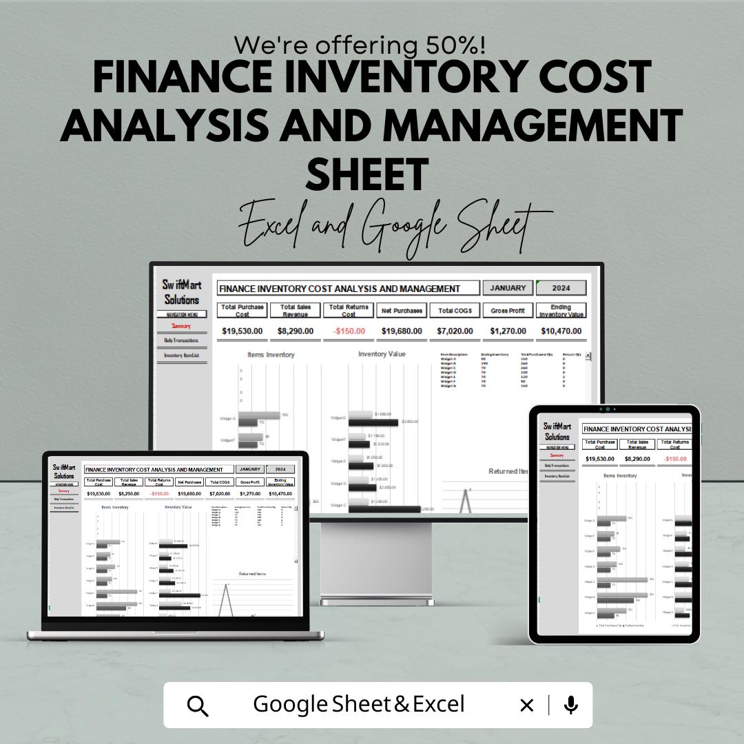 Finance Inventory Cost Analysis and Management Sheet | Excel & Google Sheets Template for Expense Tracking | Inventory Cost Budgeting