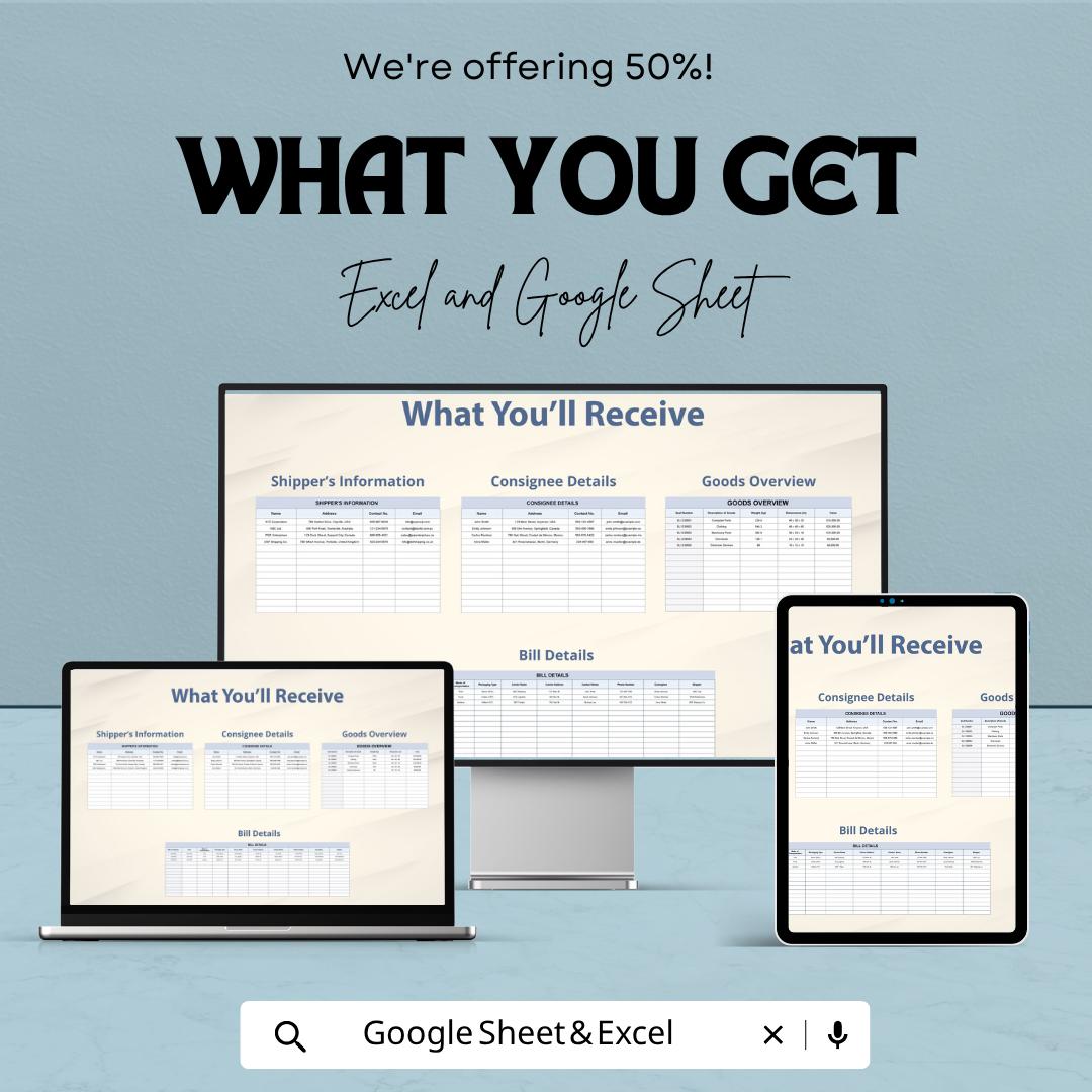 Shipping Bill of Lading Template | Freight Logistics Spreadsheet | Shipment Tracker | Excel & Google Sheets Template |