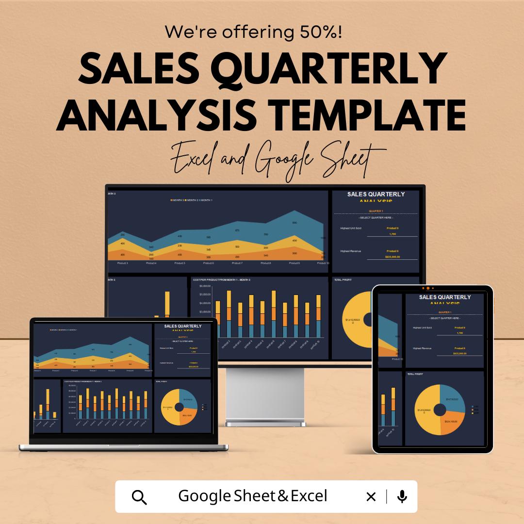 Sales Quarterly Analysis Template | Excel & Google Sheets | Quarterly Sales Dashboard | Business Performance Spreadsheet
