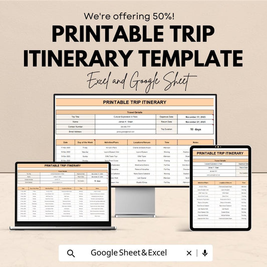 Printable Trip Itinerary Template | Travel Planner Schedule | Google Sheets and Excel | Vacation Planning Sheet | Daily Travel Organizer