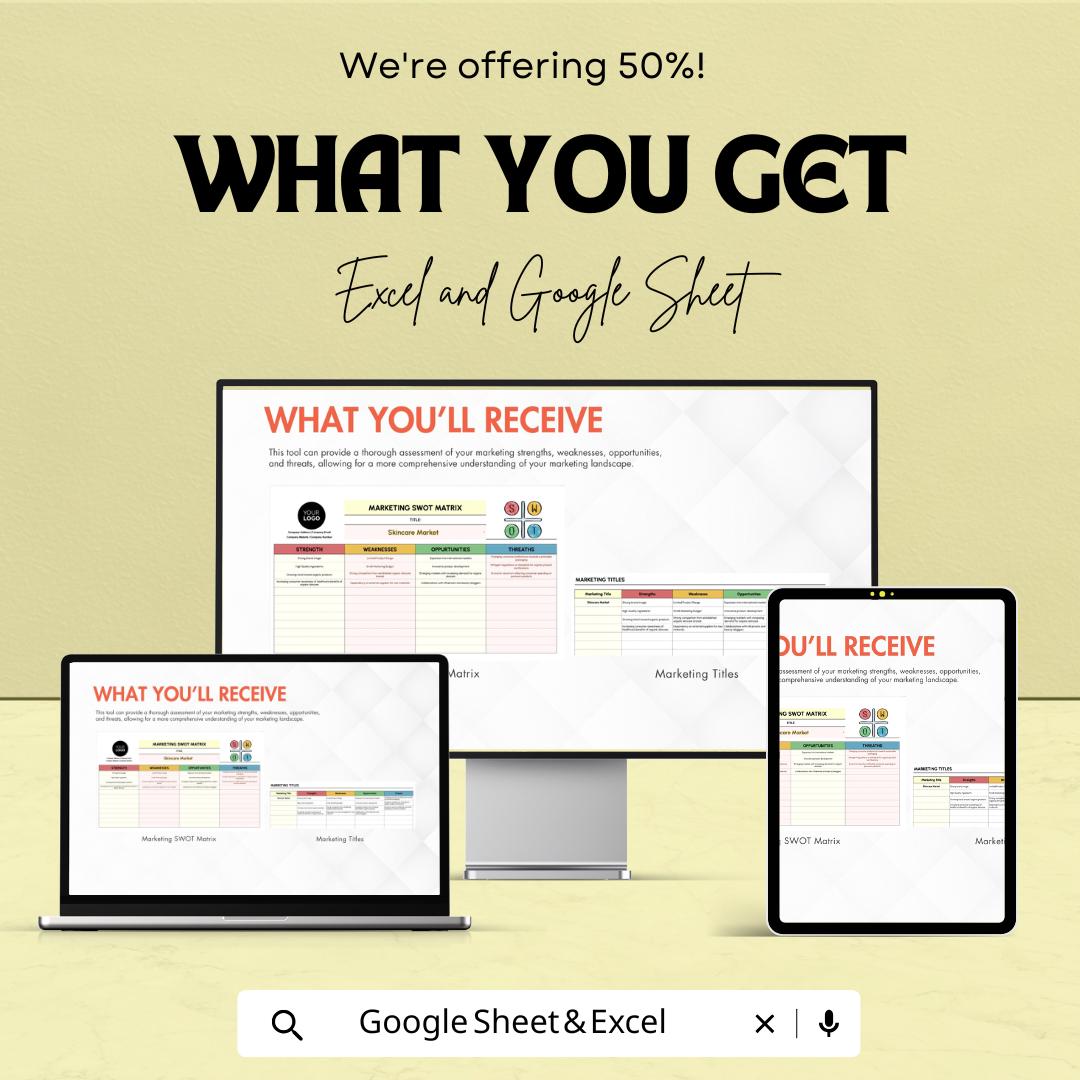 Marketing SWOT Matrix Template | SWOT Analysis Tool | Marketing Strategy Planner | Strengths Weaknesses Opportunities Threats Template