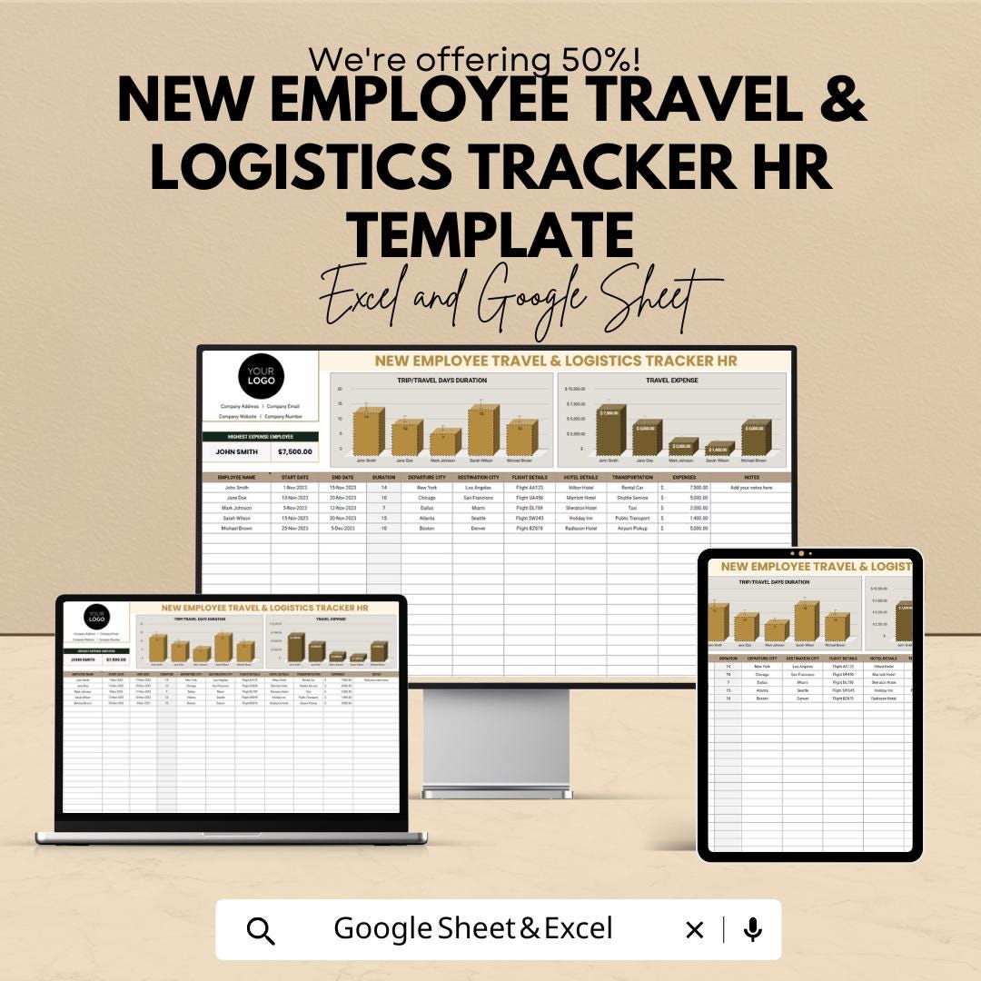 New Employee Travel & Logistics Tracker HR Template | Employee Onboarding Travel Planner | Excel and Google Sheets
