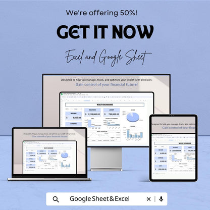 Wealth Dashboard Excel & Google Sheet | Finance Tracker | Budget Planner | Income Expense Tracker | Digital Spreadsheet