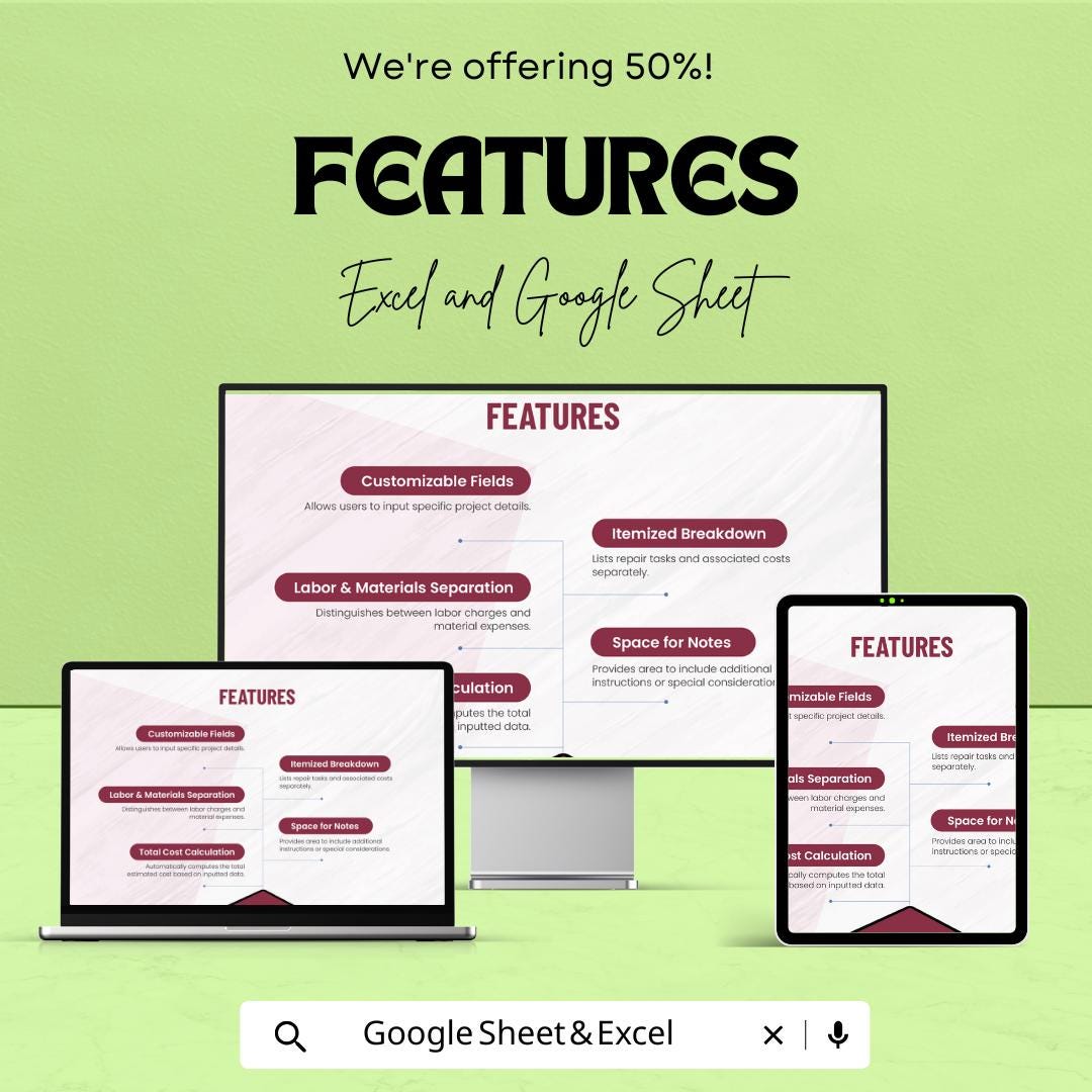 Editable Home Repair Estimate Sheet for Excel & Google Sheets – Customizable Template for Home Renovation Projects
