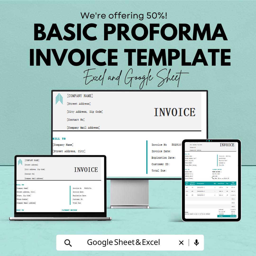 Basic Proforma Invoice Template | Excel & Google Sheet | Business Invoice Format | Editable Proforma Bill Template | Printable Invoice Sheet