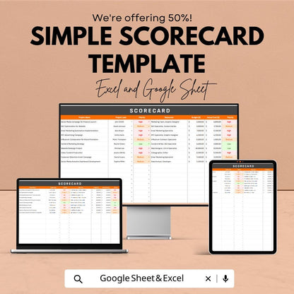Simple Scorecard Template | KPI Tracker Spreadsheet | Performance Dashboard | Excel & Google Sheets Template | Business Metrics Scorecard