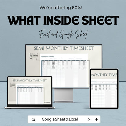 Semi Monthly Timesheet Template | Employee Timesheet Spreadsheet | Payroll Time Tracker Template